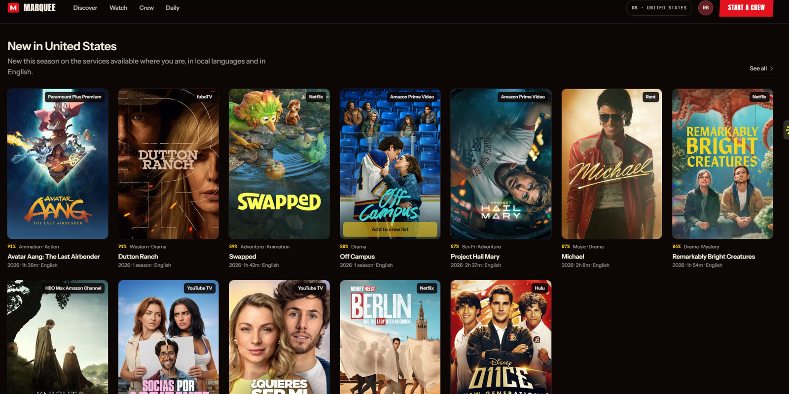Marquee regional discovery interface with film posters, streaming service labels and an Add to crew list action